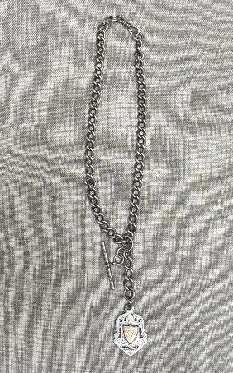 Antique Victorian sterling silver large link Albert watch chain with T bone and fob