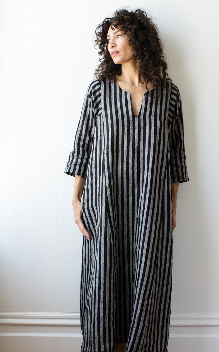Caftan Dress in Grey Striped Linen