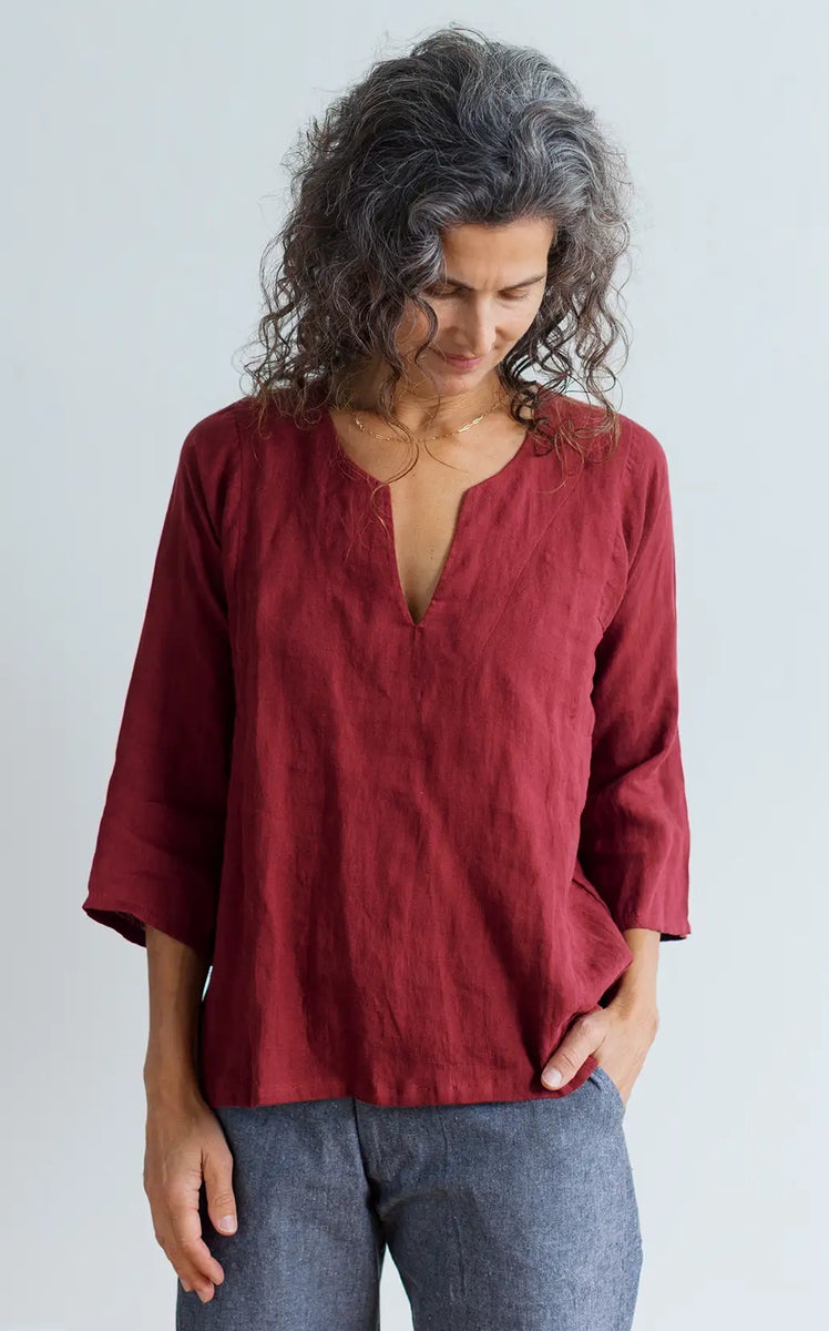 Caftan Top in Wine Linen