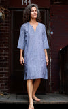 Caftan Dress Cafe Length in Grey Striped Khadi