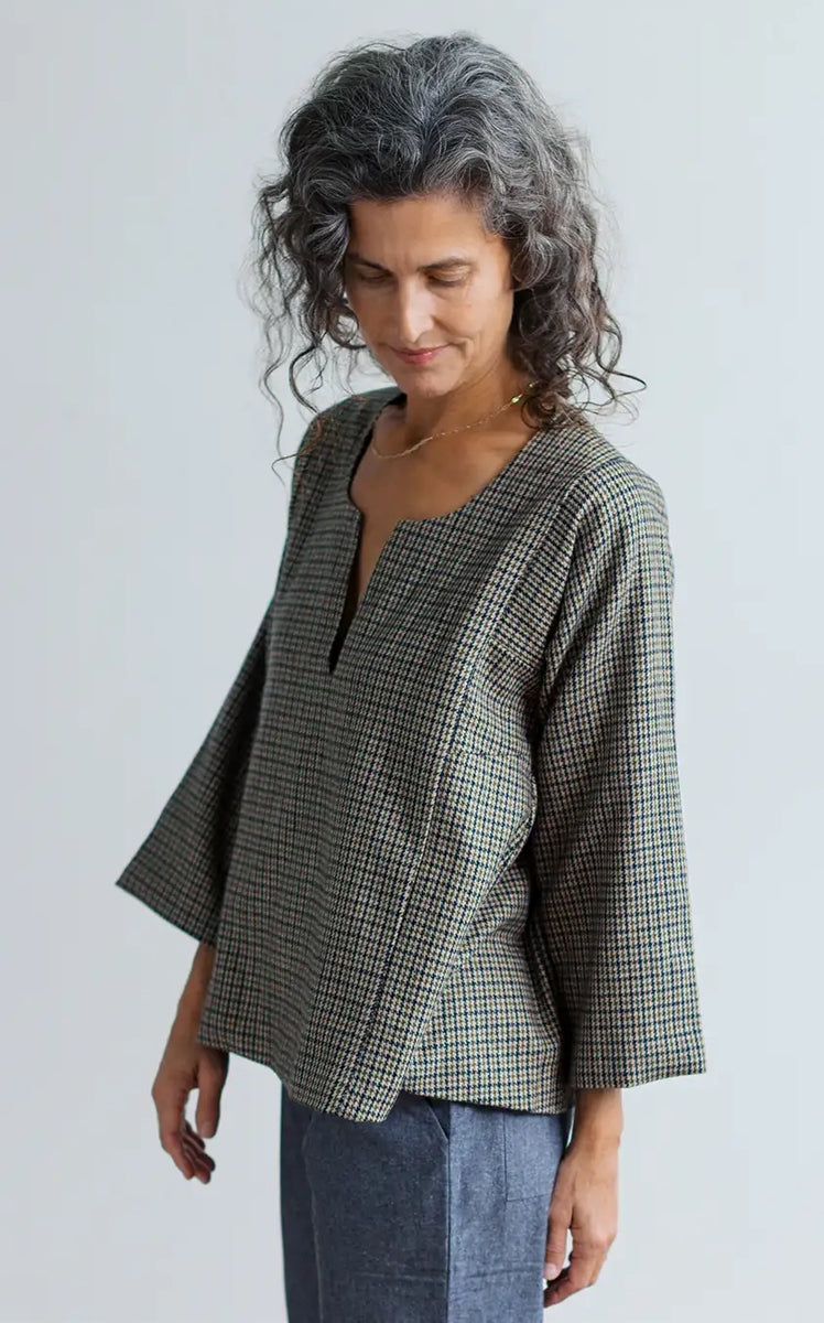 Wool Caftan Top in Olive Houndstooth Lined with Black Linen