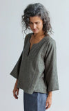 Wool Caftan Top in Olive Houndstooth Lined with Black Linen
