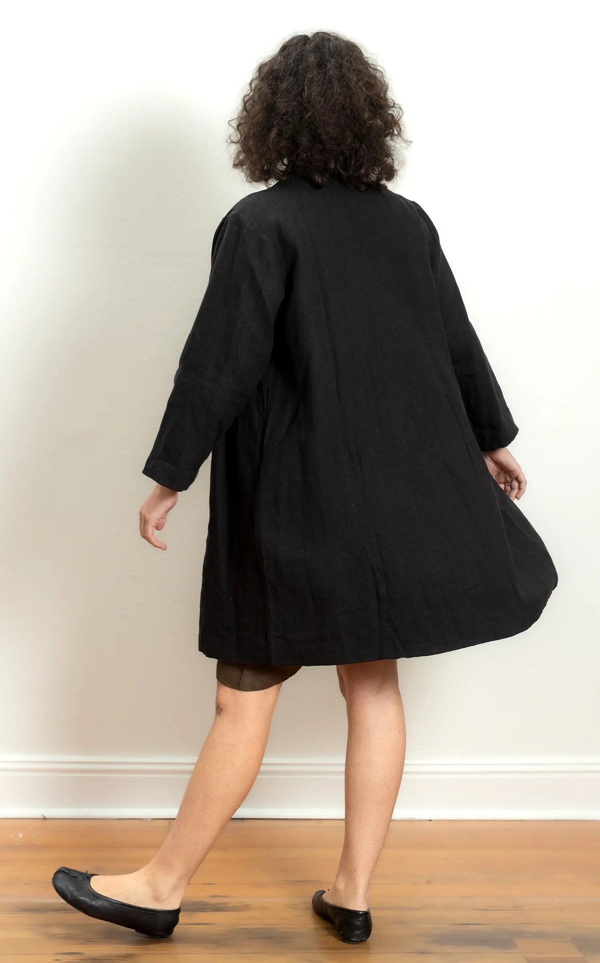 Zipper Coat in Black Linen lined in Bog Oak
