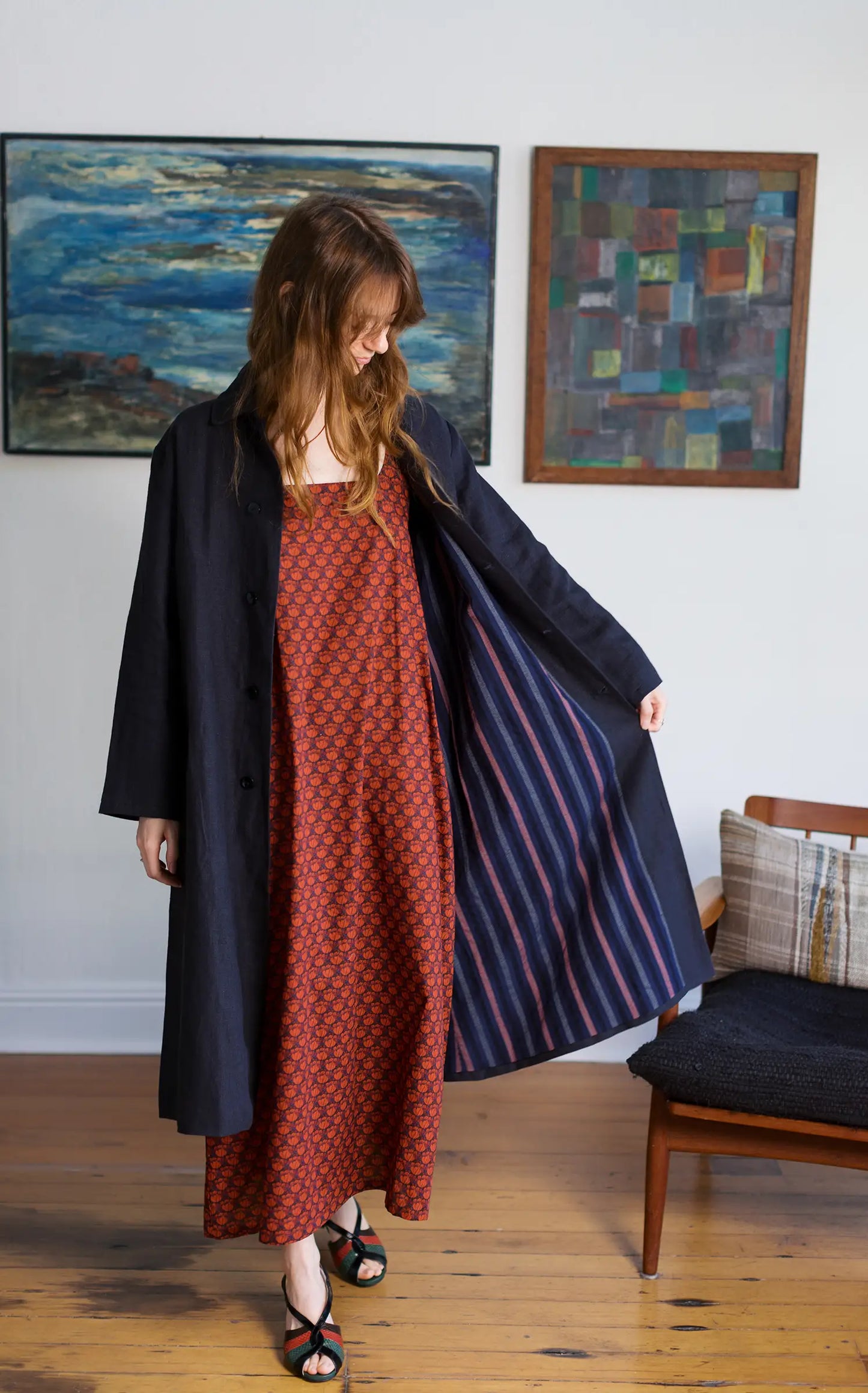 Trench in Ink Linen Lined in Stripes