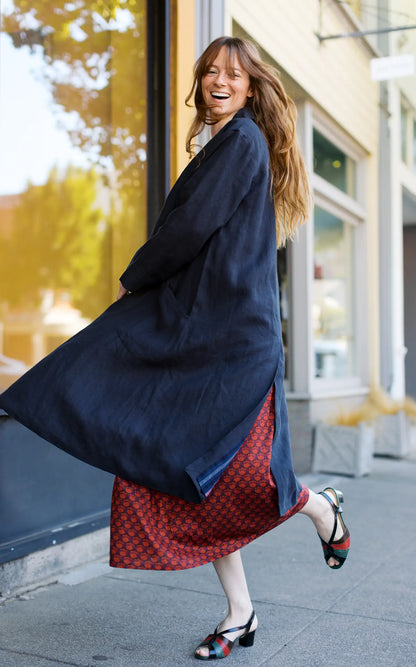 Trench in Ink Linen Lined in Stripes