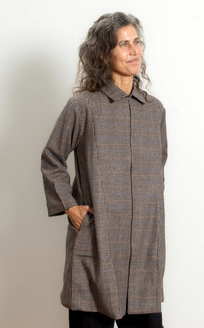 Zipper Coat in Houndstooth Wool with Bok Oak Lining
