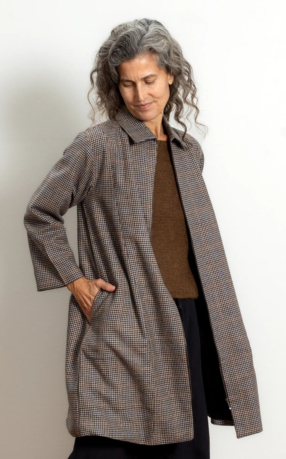 Zipper Coat in Houndstooth Wool with Bok Oak Lining