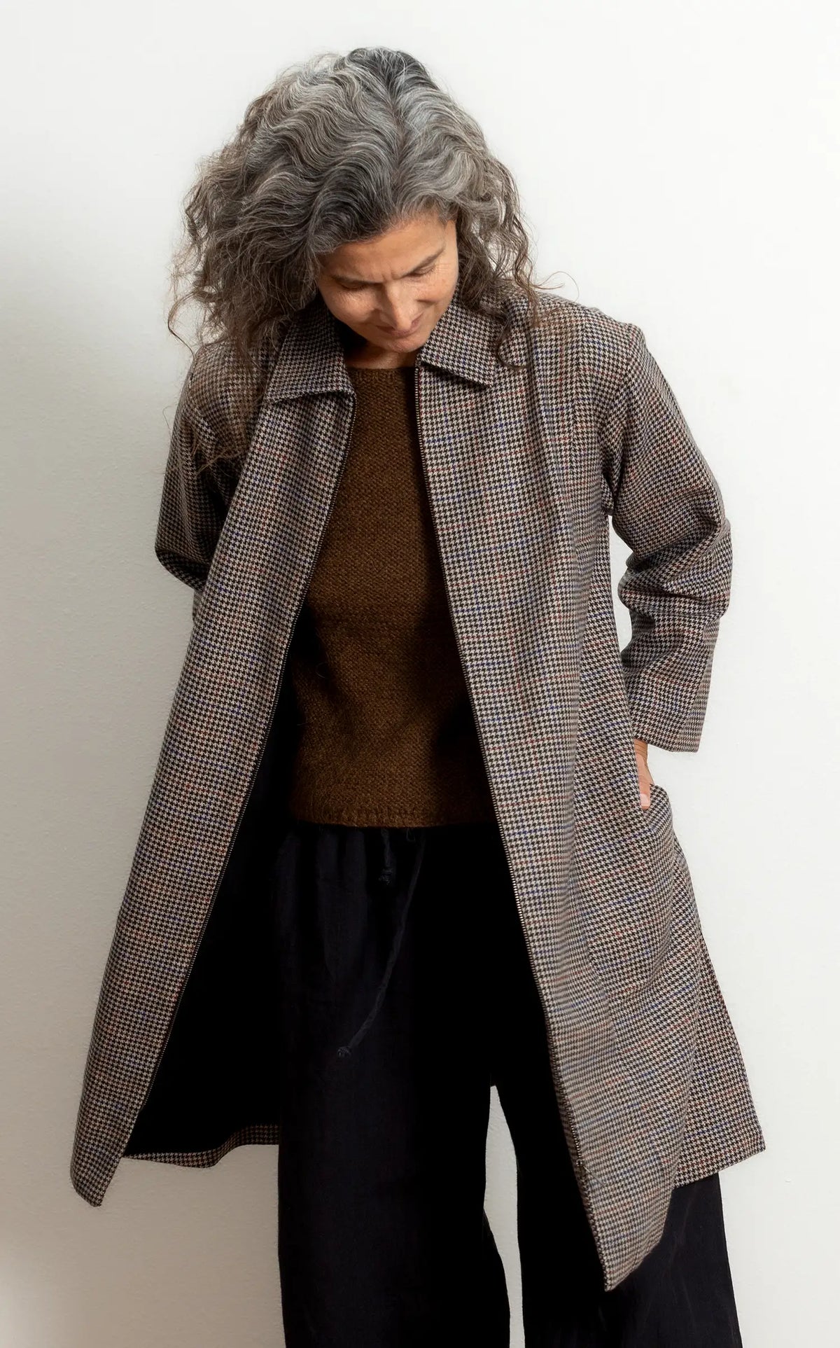 Zipper Coat in Houndstooth Wool with Bok Oak Lining