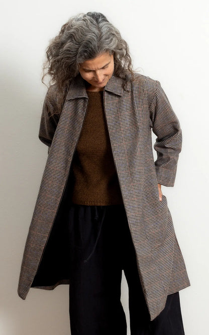 Zipper Coat in Houndstooth Wool with Bok Oak Lining