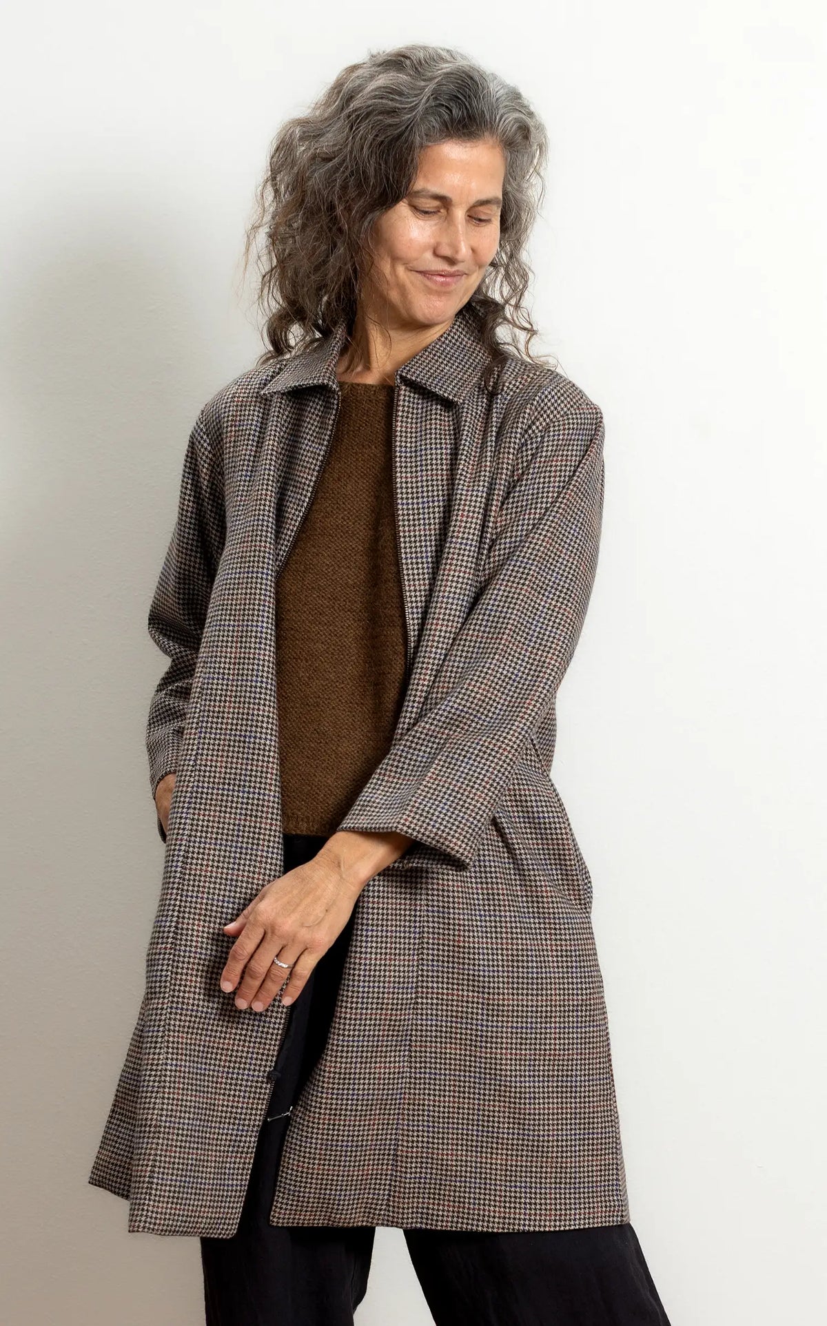 Zipper Coat in Houndstooth Wool with Bok Oak Lining