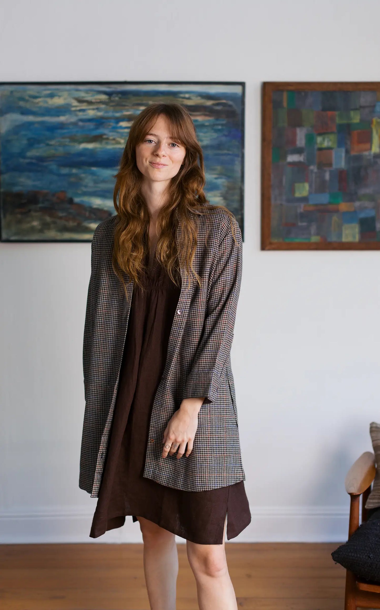 Field Jacket in Houndstooth Wool with Black Linen Lining