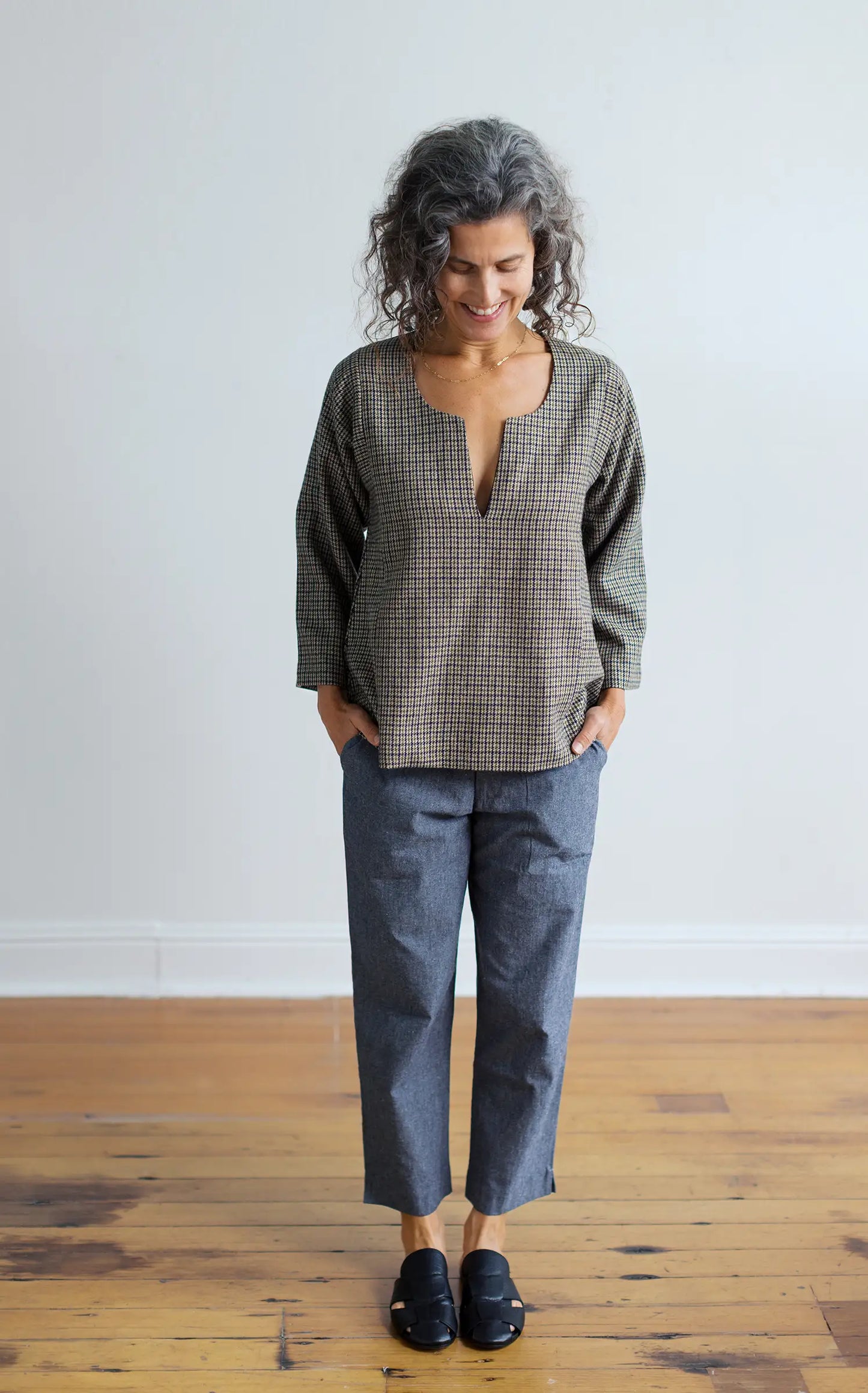 Wool Caftan Top in Olive Houndstooth Lined with Black Linen