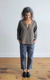 Wool Caftan Top in Olive Houndstooth Lined with Black Linen