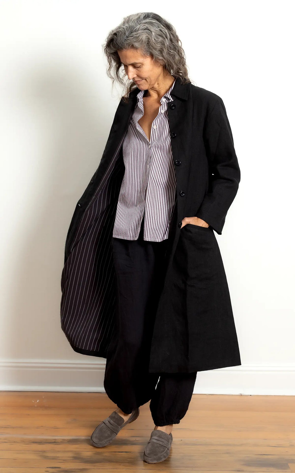 Trench in Black Linen Lined in Bog Oak