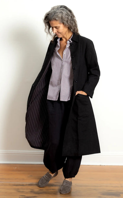 Trench in Black Linen Lined in Bog Oak