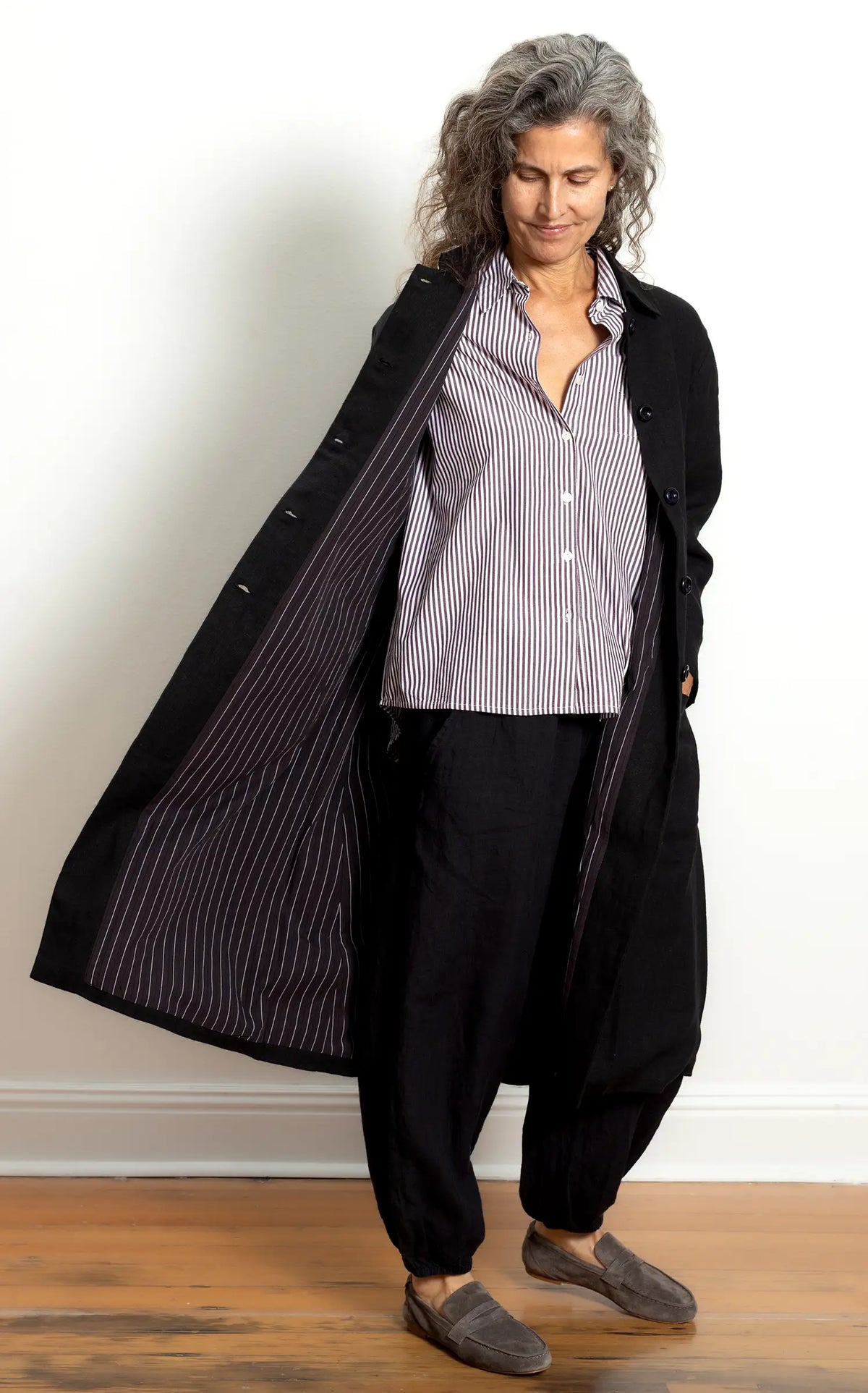 Trench in Black Linen Lined in Bog Oak