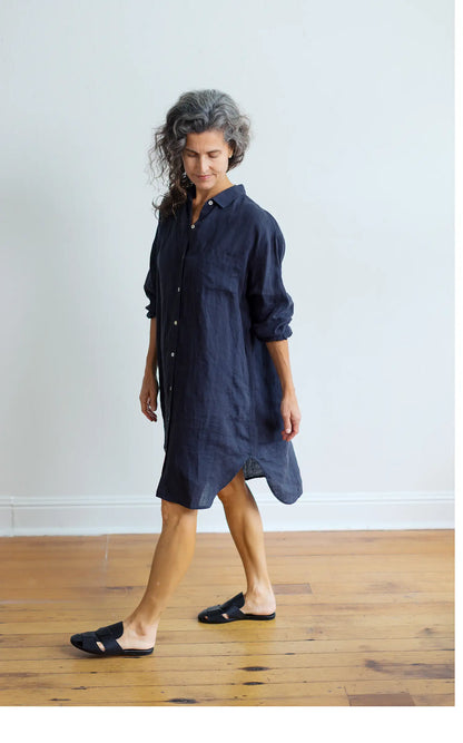 Oxford Shirt Dress in Ink Linen