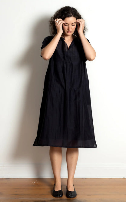 Viv Dress Long in Ink Silk Cotton Tissue Weight
