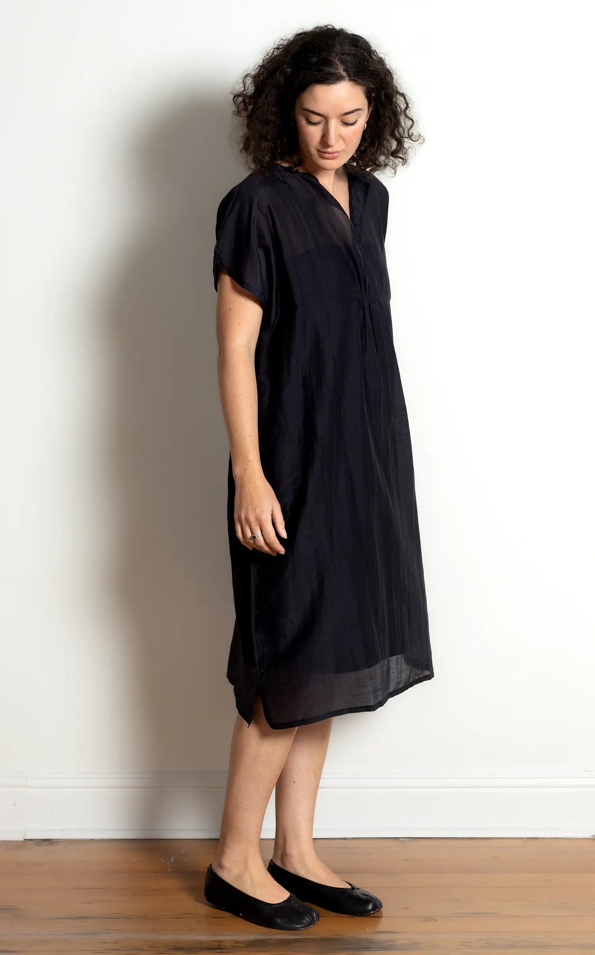 Viv Dress Long in Ink Silk Cotton Tissue Weight