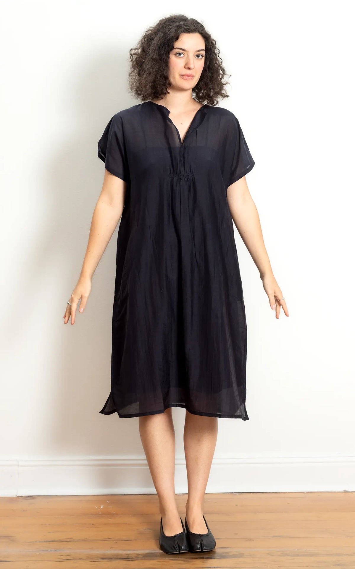 Viv Dress Long in Ink Silk Cotton Tissue Weight