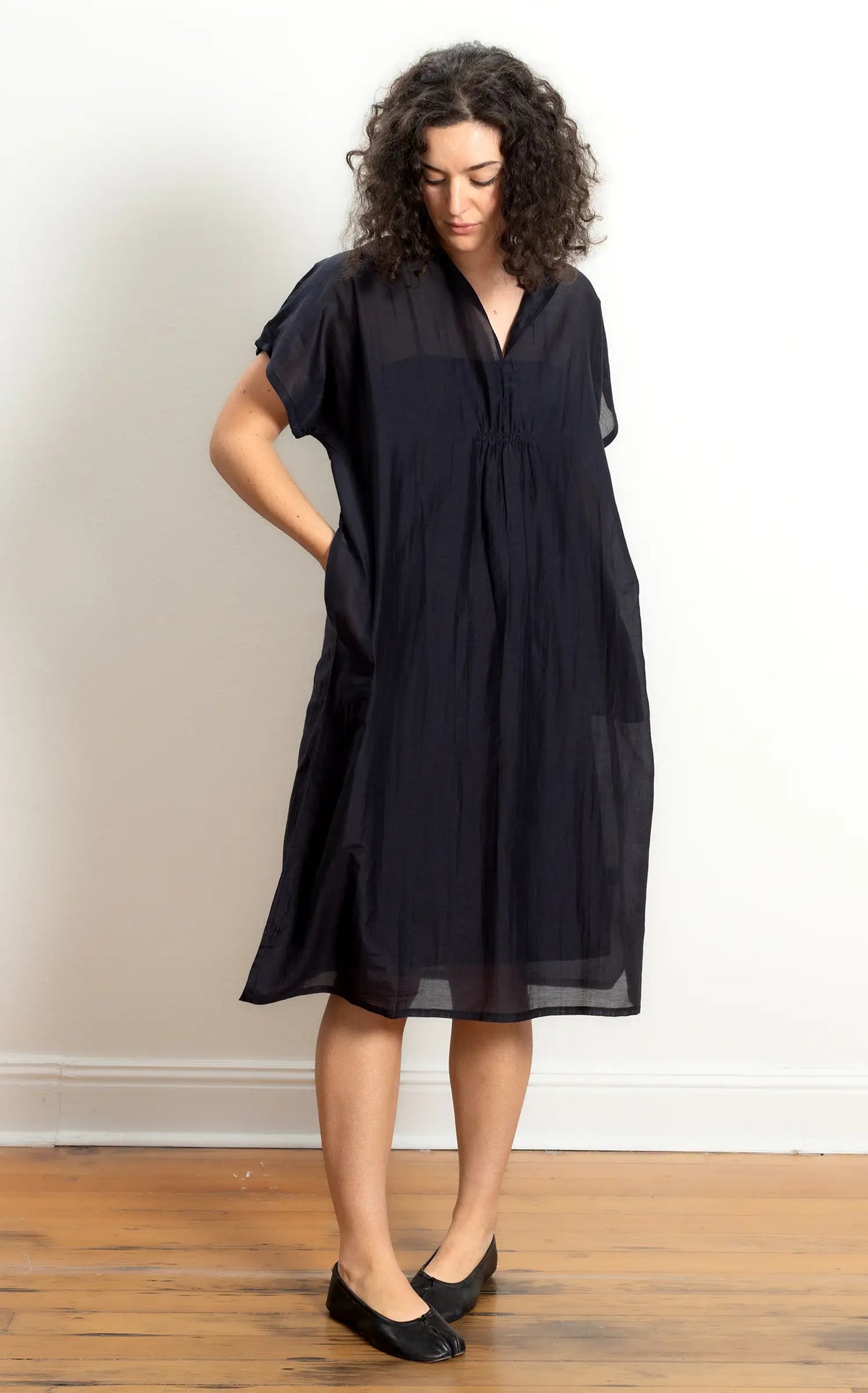 Viv Dress Long in Ink Silk Cotton Tissue Weight