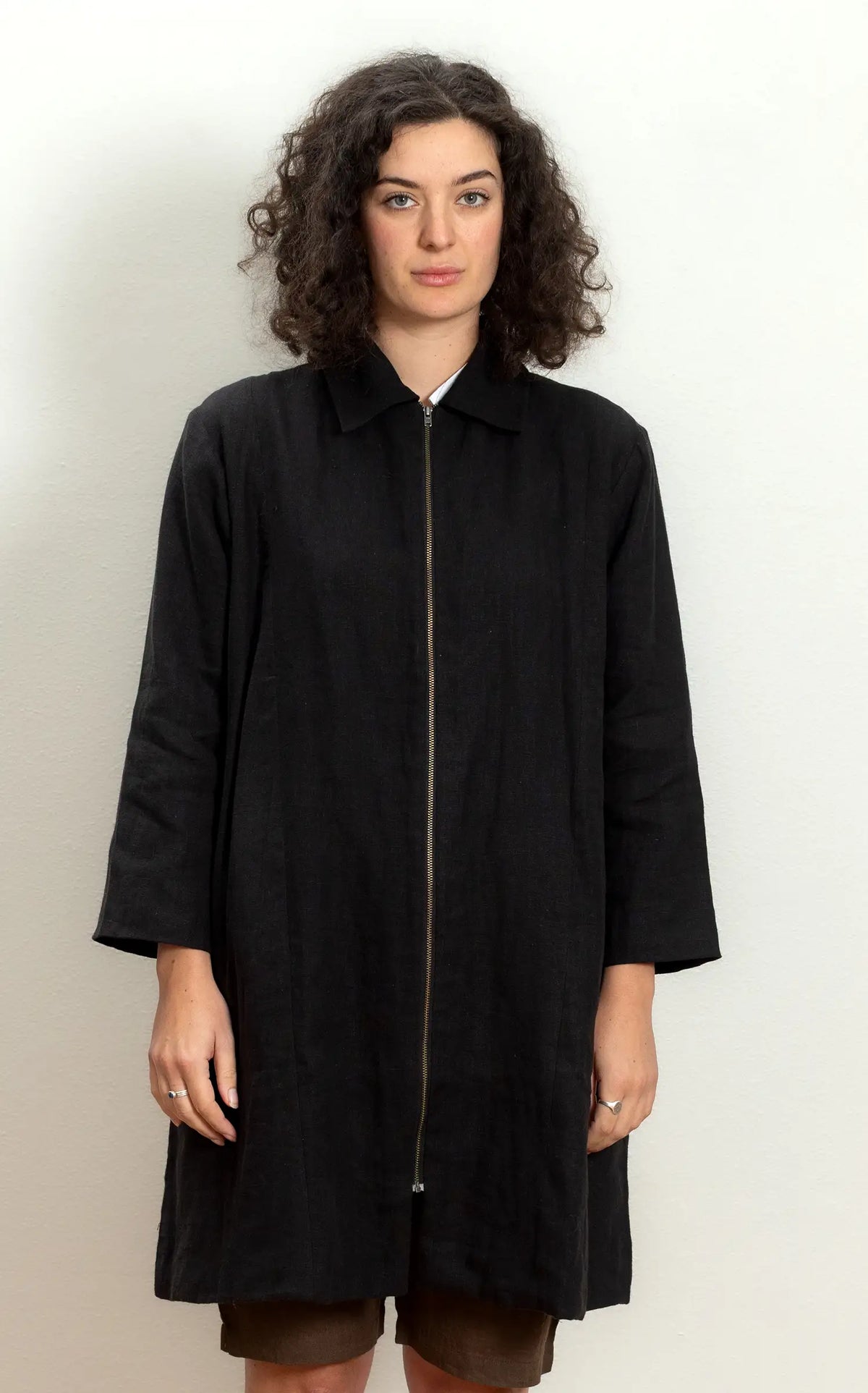 Zipper Coat in Black Linen lined in Bog Oak