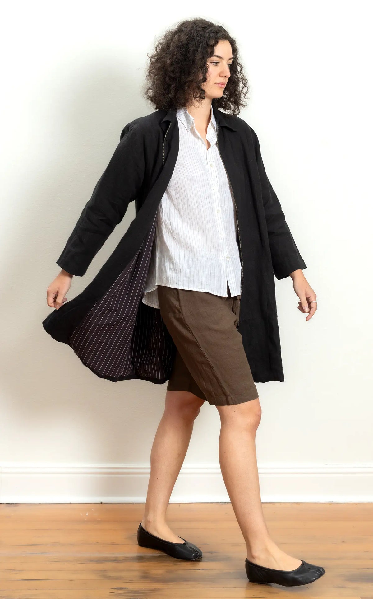 Zipper Coat in Black Linen lined in Bog Oak