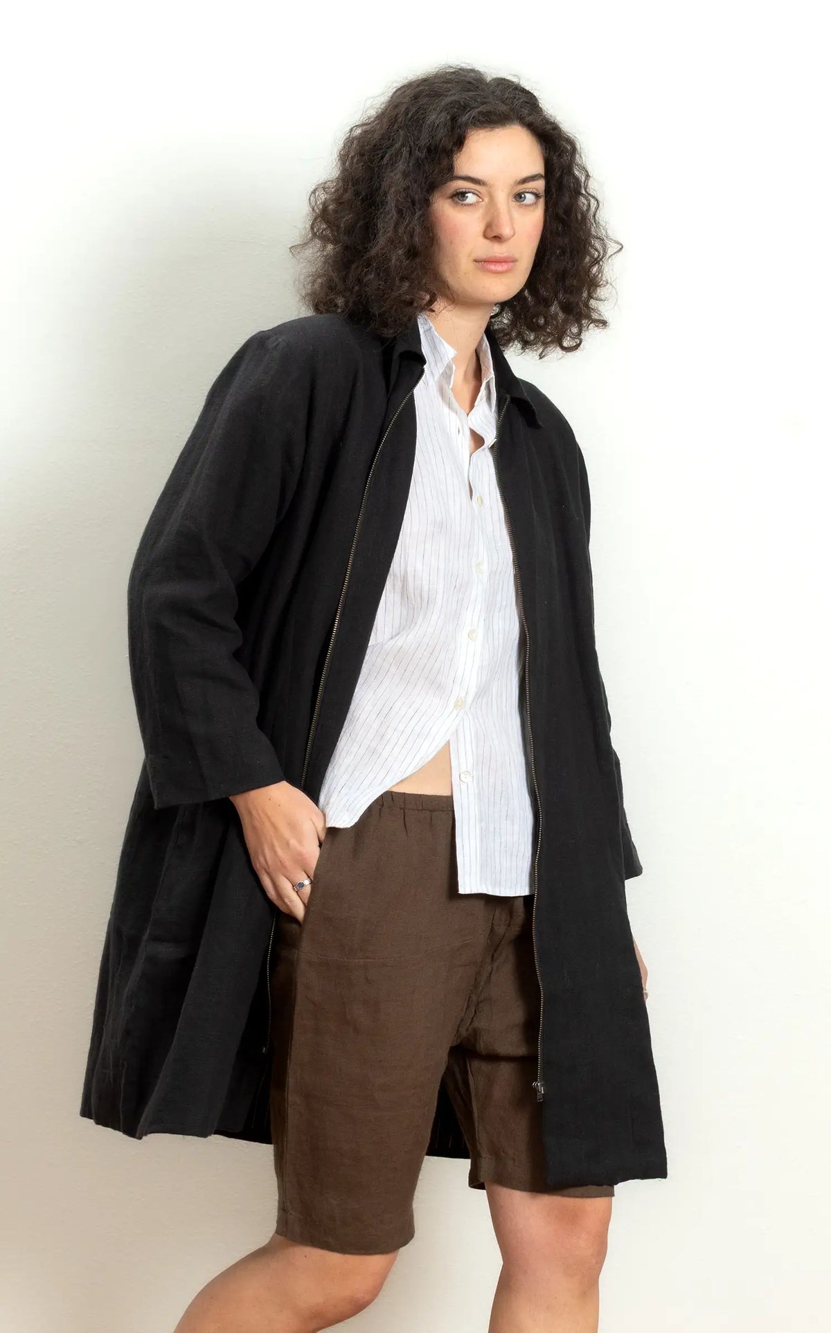 Zipper Coat in Black Linen lined in Bog Oak