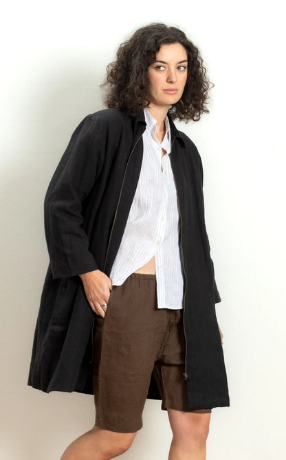 Zipper Coat in Black Linen lined in Bog Oak