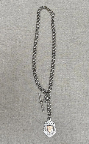Antique Victorian sterling silver large link Albert watch chain with T bone and fob