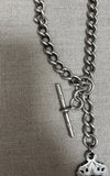 Antique Victorian sterling silver large link Albert watch chain with T bone and fob