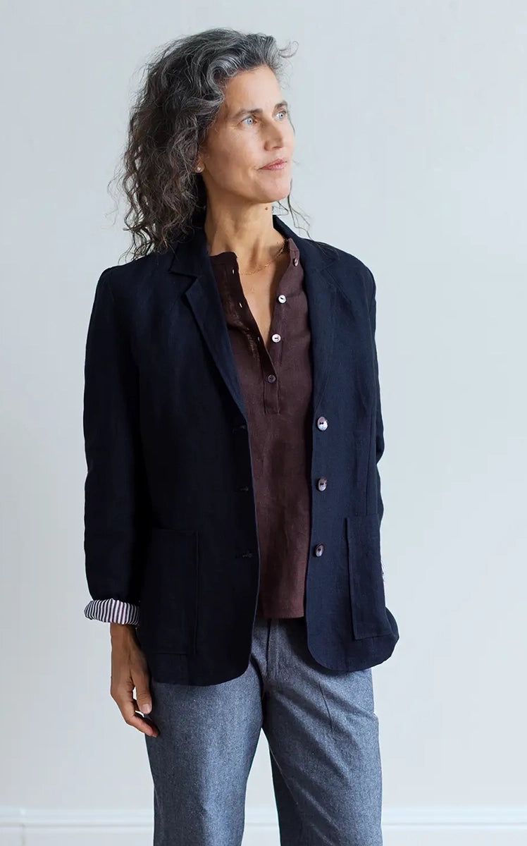 Blazer in Ink Linen with Rosewood Stripe Lining