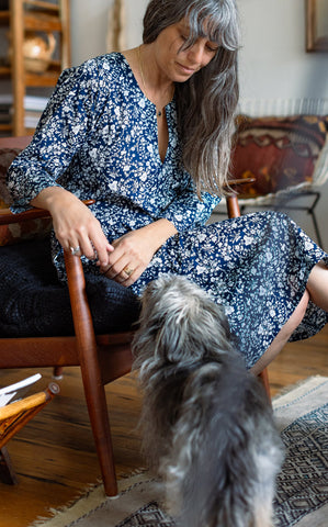 Caftan Dress Cafe Length in Liberty Navy Floral