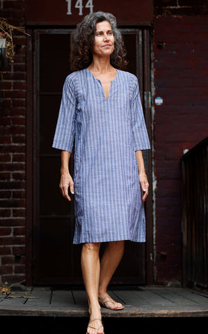 Caftan Dress Cafe Length in Grey Striped Khadi