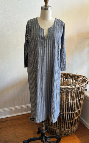 Caftan Dress Cafe Length in Grey Striped Khadi