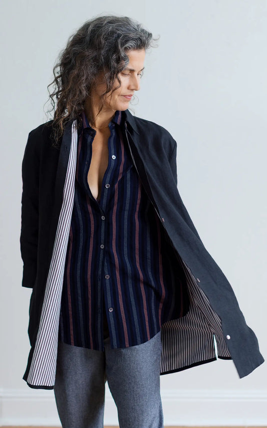 Field Jacket in Black Linen with Rosewood Stripe Lining