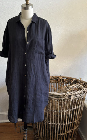 Oxford Shirt Dress in Ink Linen