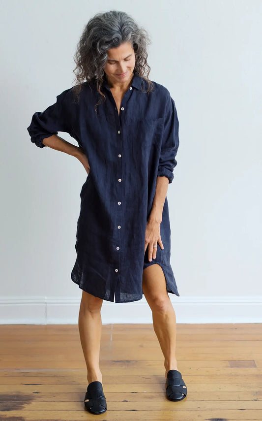 Oxford Shirt Dress in Ink Linen