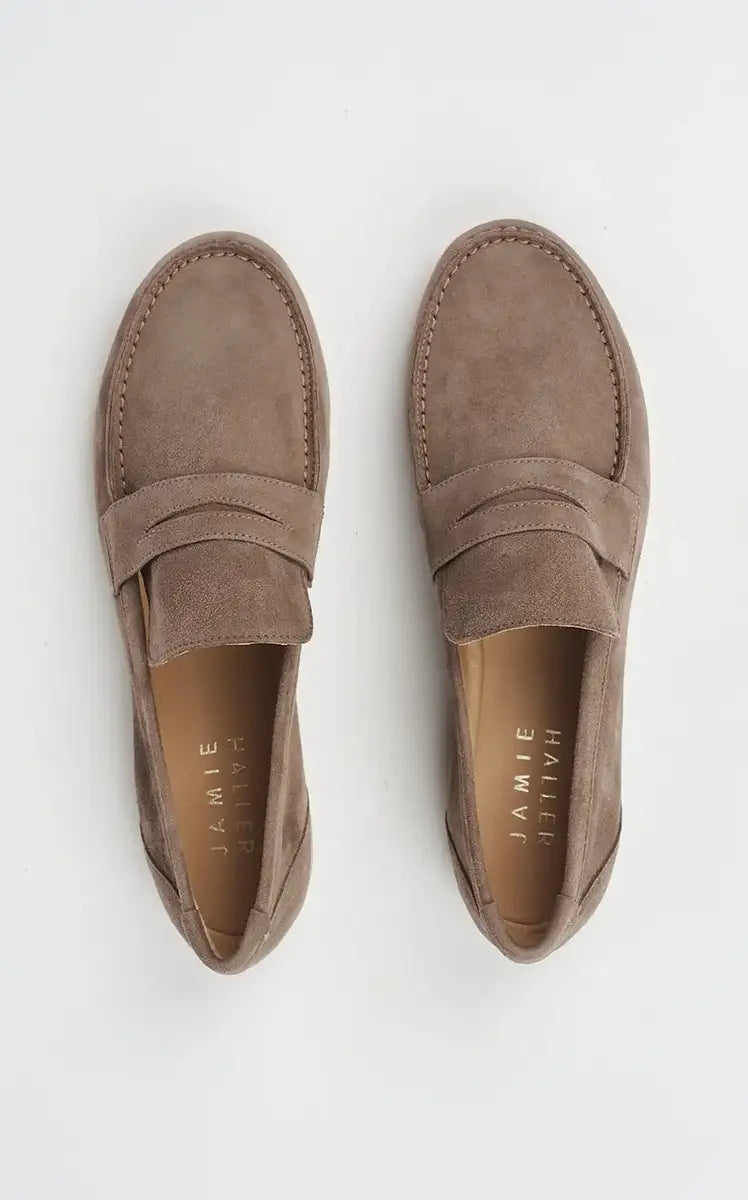Jamie Haller The Penny Loafer in Taupe Suede – shop | jess brown