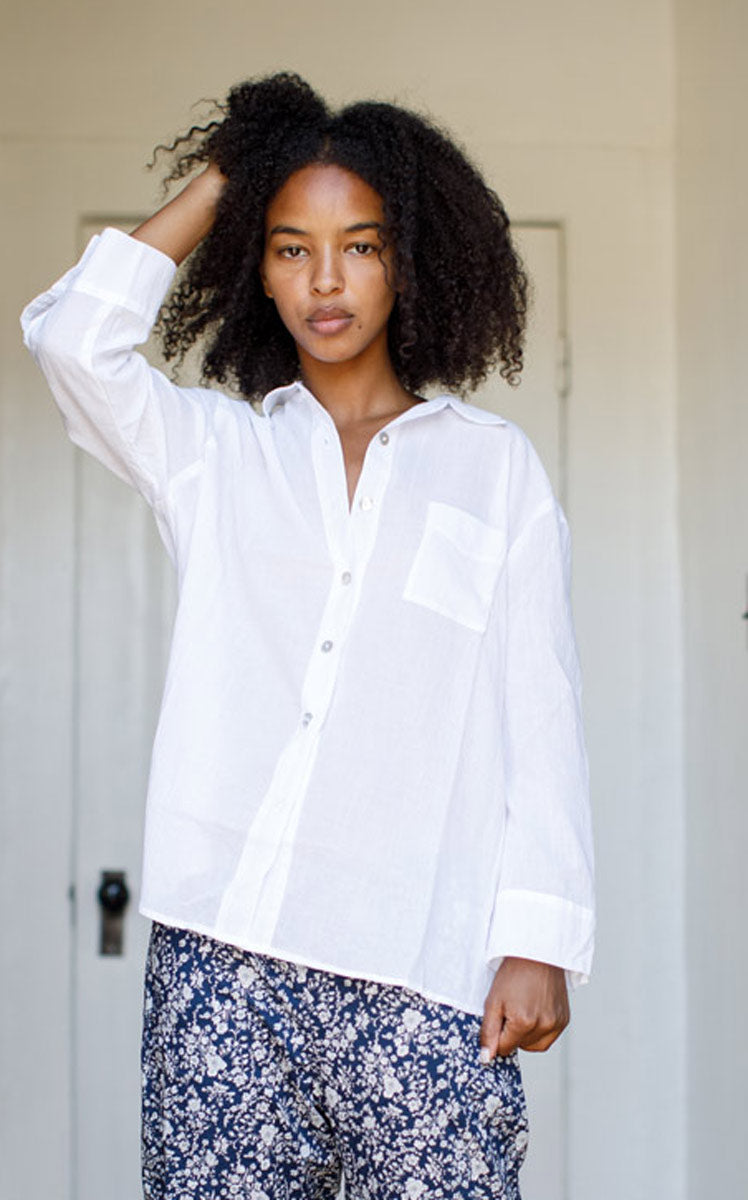 Workshirt in White Crinkled Cotton