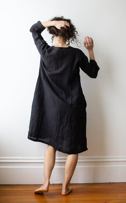Caftan Dress Cafe Length in Ink Handkerchief Linen