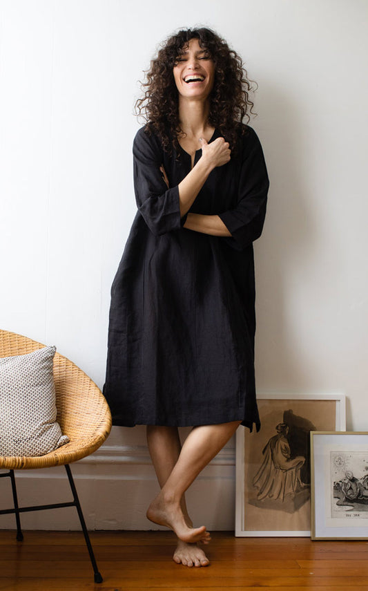 Caftan Dress Cafe Length in Ink Handkerchief Linen