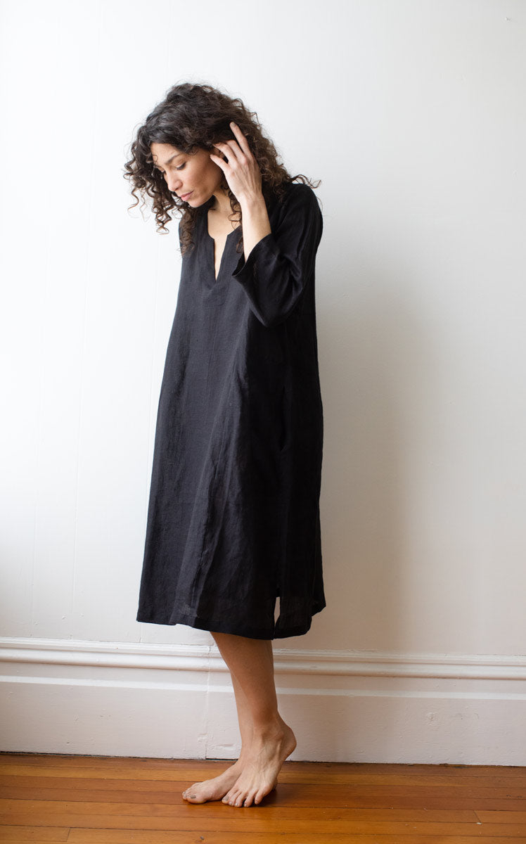 Caftan Dress Cafe Length in Ink Handkerchief Linen