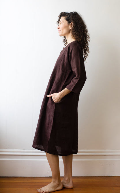 Caftan Dress Cafe Length in Rosewood Handkerchief Linen