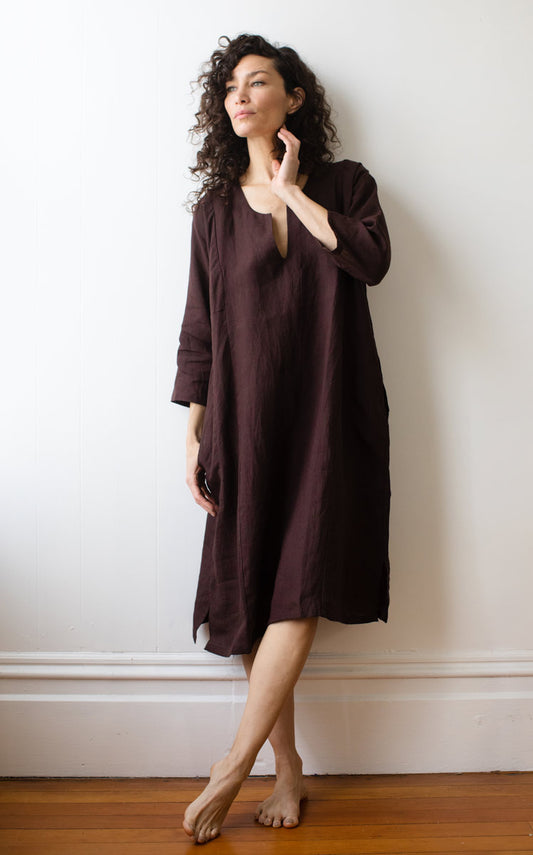 Caftan Dress Cafe Length in Rosewood Handkerchief Linen