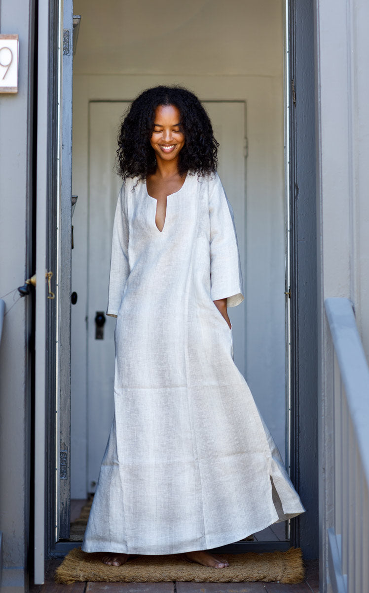 Caftan Dress in Raw Striped Linen