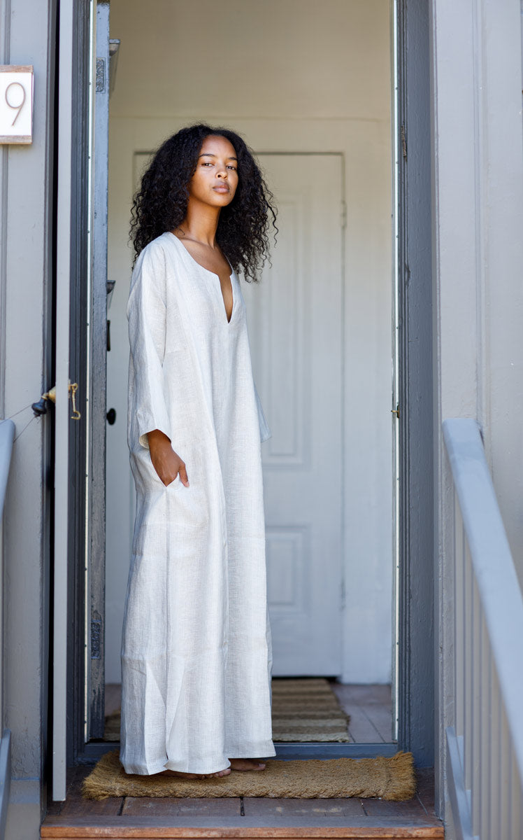 Caftan Dress in Raw Striped Linen