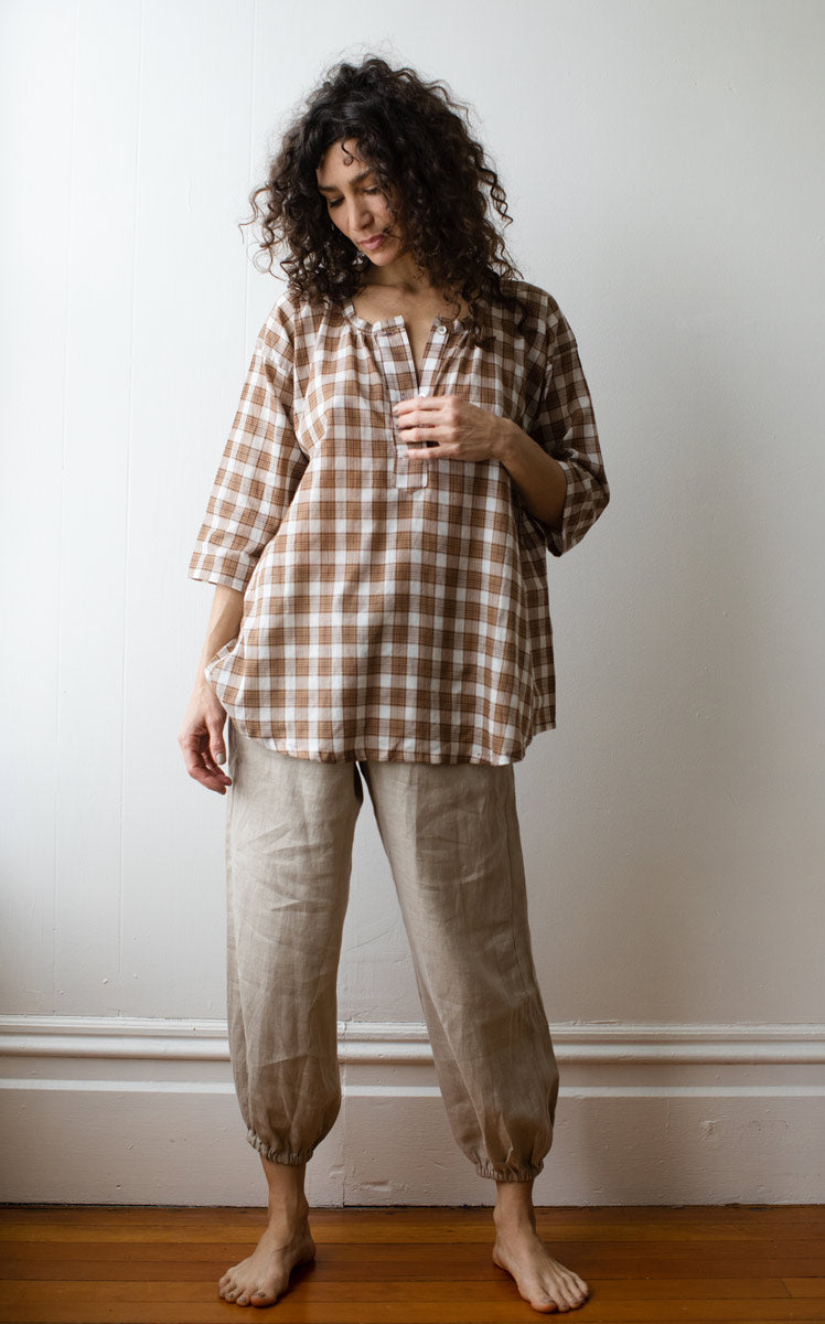 Henley Top in Paper Thin Creme Plaid