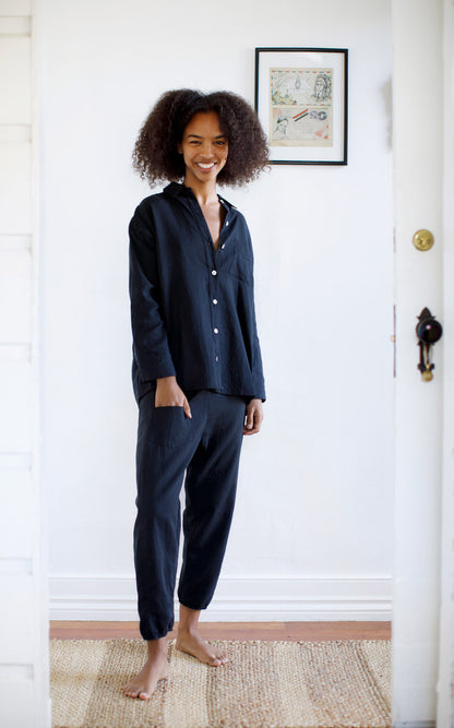 Workshirt in Black Crinkled Cotton